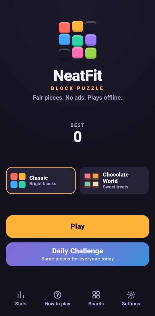 NeatFit home screen with the world picker